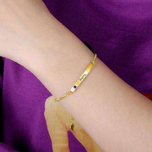 Gorgeous 4 Sided Personalised Birthstone Bar Name Bracelet Gold Plated