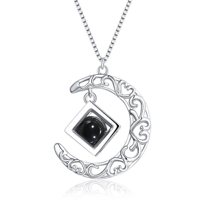 Personalized Hollow Moon With Geometric Cube Necklace