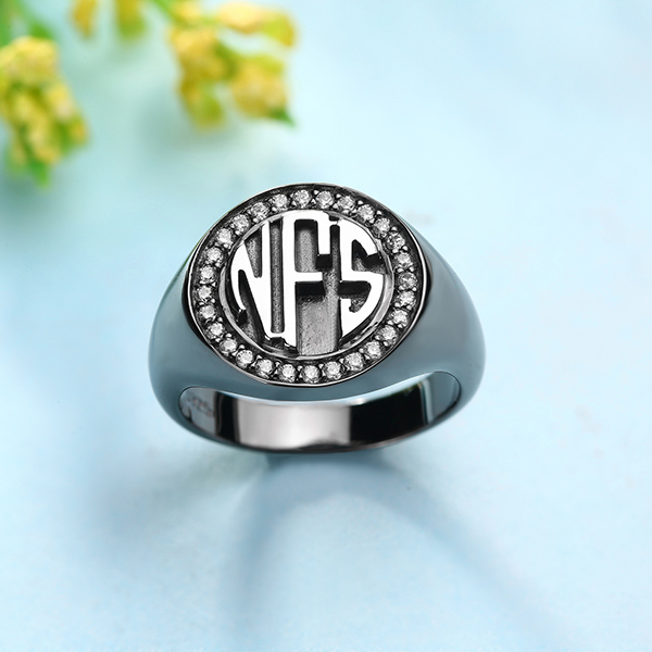 Personalized Circle Monogram CZ Ring Black plated