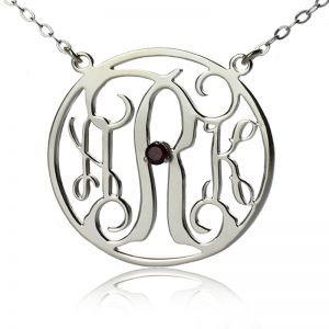 Sterling Silver Circle Initial Monogram Necklace with Birthstone