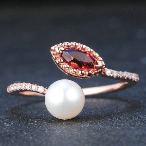 Natural White Pearl & Red Garnet Ring In Rose Gold