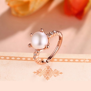 Elegant Natural Pearl Ring Rose Gold Plated Silver Size Adjustable 5-9