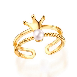 Elegant Crown Ring With Freshwater Pearl Gold Plated Silver