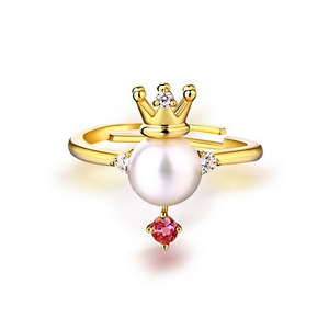 Pearl Crown Ring With Natural Powder Tourmaline Gold Plated Silver