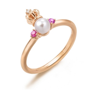 Pearl Crown Ring With Red Corundum Gold Plated Silver