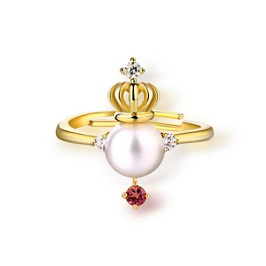 Freshwater Pearl Crown Ring With Natural Pink Tourmaline Gold Plated Silver