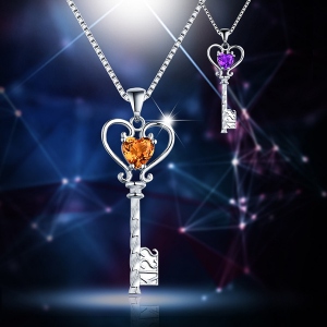 Heart Key Necklace With Natural Amethyst