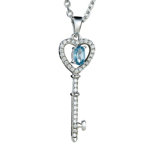 Natural Blue Topaz Key to Heart Necklace