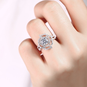 Engraved Gemstone Floral Wedding Ring In Silver