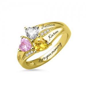 Custom Three Birthstones Engraved Mother Ring Gold Plated