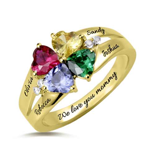 Custom Four Heart Birthstone Ring Gold Plated