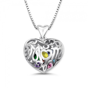 Birthstone Script Mom Heart Cage Necklace Sterling Silver