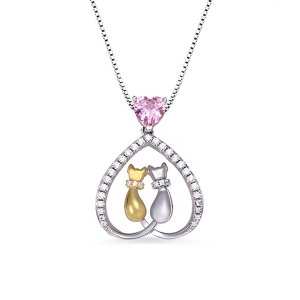 Custom Cute Cats Necklace With Heart Birthstone