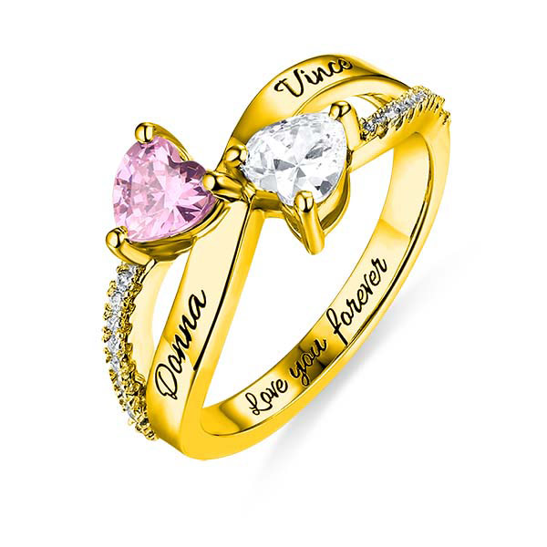 Engraved Two Heart Shaped CZ Ring In Gold