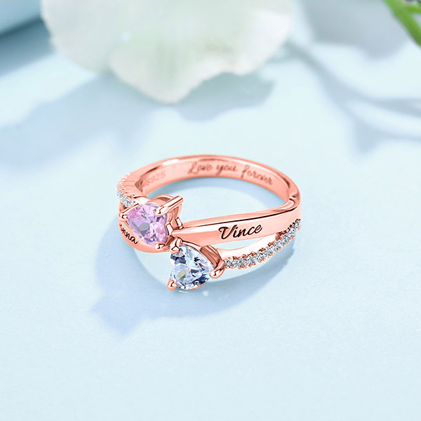 Engraved Two Heart Shaped CZ Ring In Rose Gold