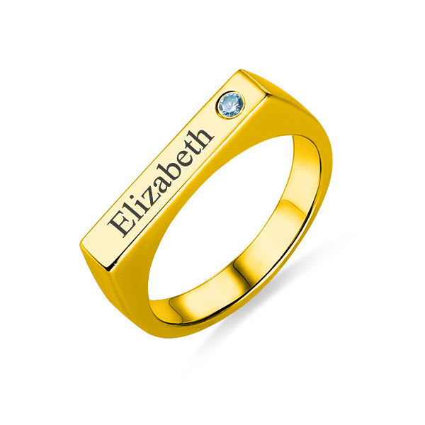 Engraved Bar Ring With Birthstone In Gold