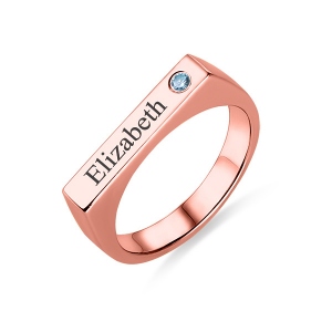 Engraved Bar Ring With Birthstone In Rose Gold