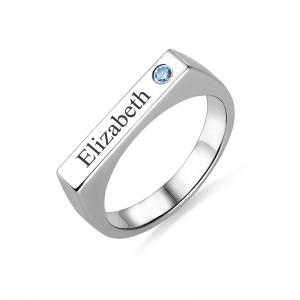 Engraved Silver Bar Ring with Birthstone