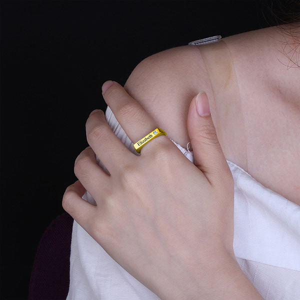 Engraved Bar Ring With Birthstone In Gold