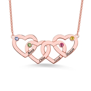 Four Hearts Names&Birthstones Necklace Rose Gold Plated Silver