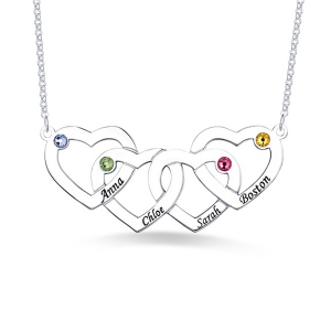 Four Hearts Names&Birthstones Necklace In Silver