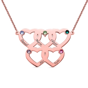 Gravierte Halskette mit fünf Herzen Geburtssteine in Rosegold