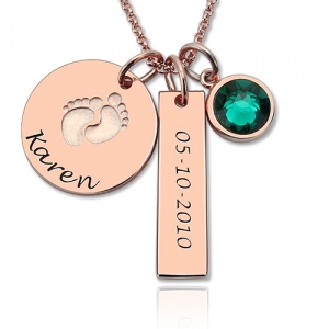 Baby Feet Disc Necklace With Birthstone For New Mom Sterling Silver