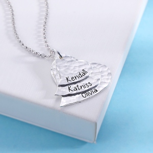 Engraved Hammered Family Heart Necklace Pure Silver