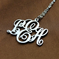 Shining Personalized Vine Font Initial Monogram Necklace Solid White Gold