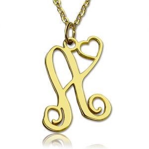 Glittering Personalized One Initial with Heart Monogram Necklace Solid Gold