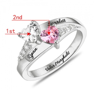 Engraved Double Heart Birthstone Ring In Sterling Silver