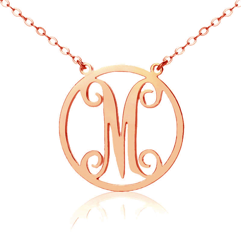 Colar com monograma e círculo em ouro rosa 1 inicial estilo vintage