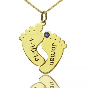 Meaningful Birthstone Baby Feet Charms Necklace with Date & Name Gold