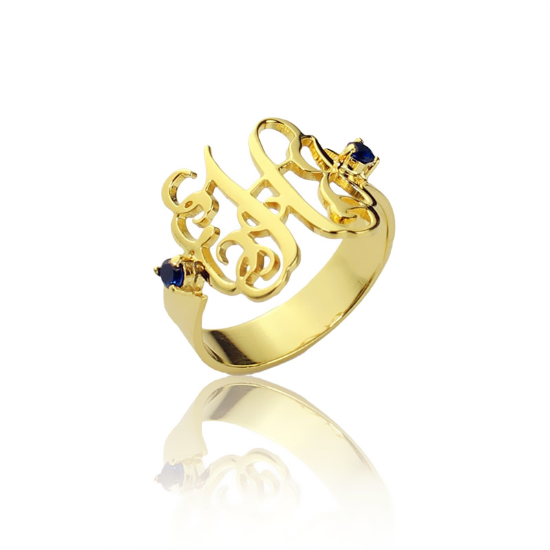 Anel com monograma feminino de pedra de nascimentobanhado a ouro 18k
