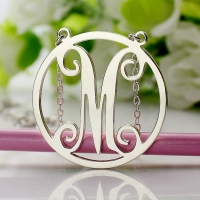 Solid White Gold Single Initial Circle Monogram Necklace