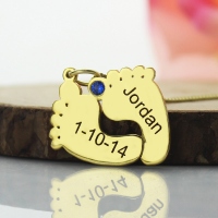 Meaningful Birthstone Baby Feet Charms Necklace with Date & Name Gold