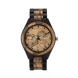 Personalized Ebony Wooden Wristwatch with Engraved Zebra Photo