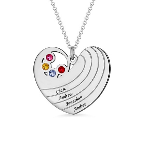 Personalized Heart Necklace with Birthstones&Name In Sterling Silver
