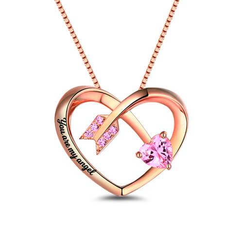 Fio em ouro rosa personalizado com pedra zodiacal em coração e seta de amor