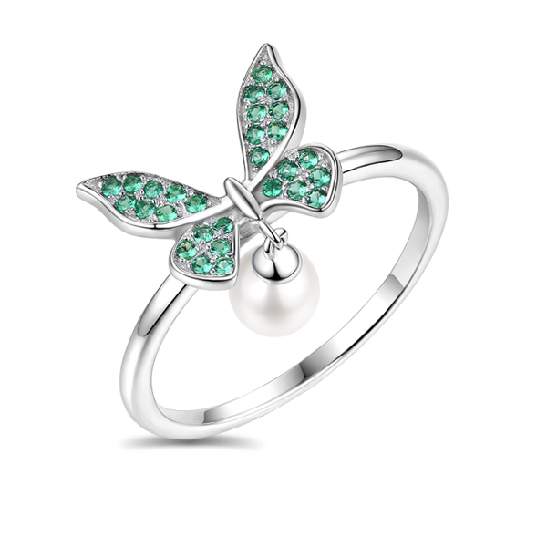 Elegant Butterfly Ring With Freshwater Pearl In Sterling Silver
