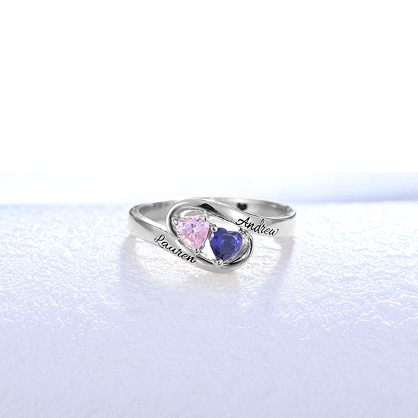 Engraved Two Heart Birthstones Promise Ring In Silver