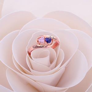 Engraved Two Heart Birthstones Promise Ring In Rose Gold