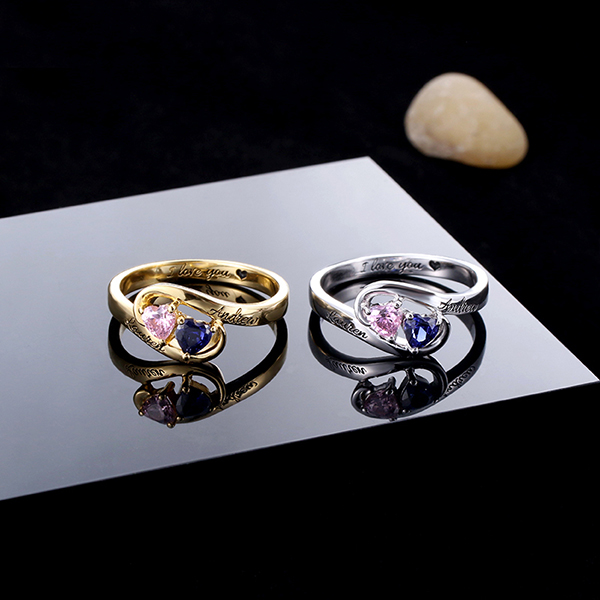 Engraved Two Heart Birthstones Promise Ring In Gold