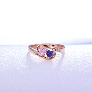 Engraved Two Heart Birthstones Promise Ring In Rose Gold