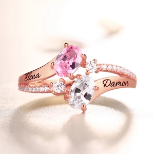 Engraved Double Oval Birthstones Ring In Rose Gold