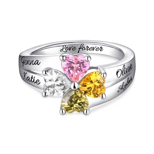 Ingenious Engraved Mother's Love and Luck Birthstones Ring Sterling Sliver