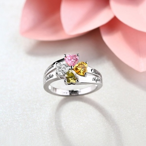 Engraved Mother's Love and Luck Birthstones Ring Sterling Sliver