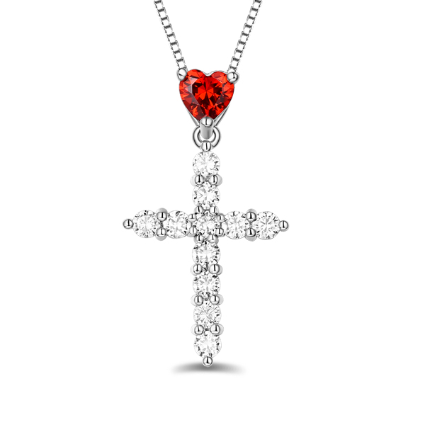 Personalized Heart Birthstone Cross Necklace In Silver