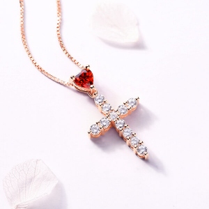 Personalized Heart Birthstone Cross Necklace In Rose Gold