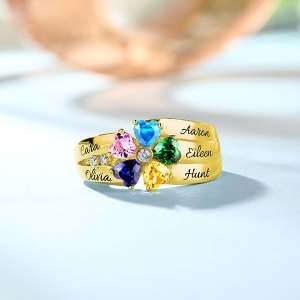 Engraved  5 Heart-Shaped Birthstones Ring In Gold